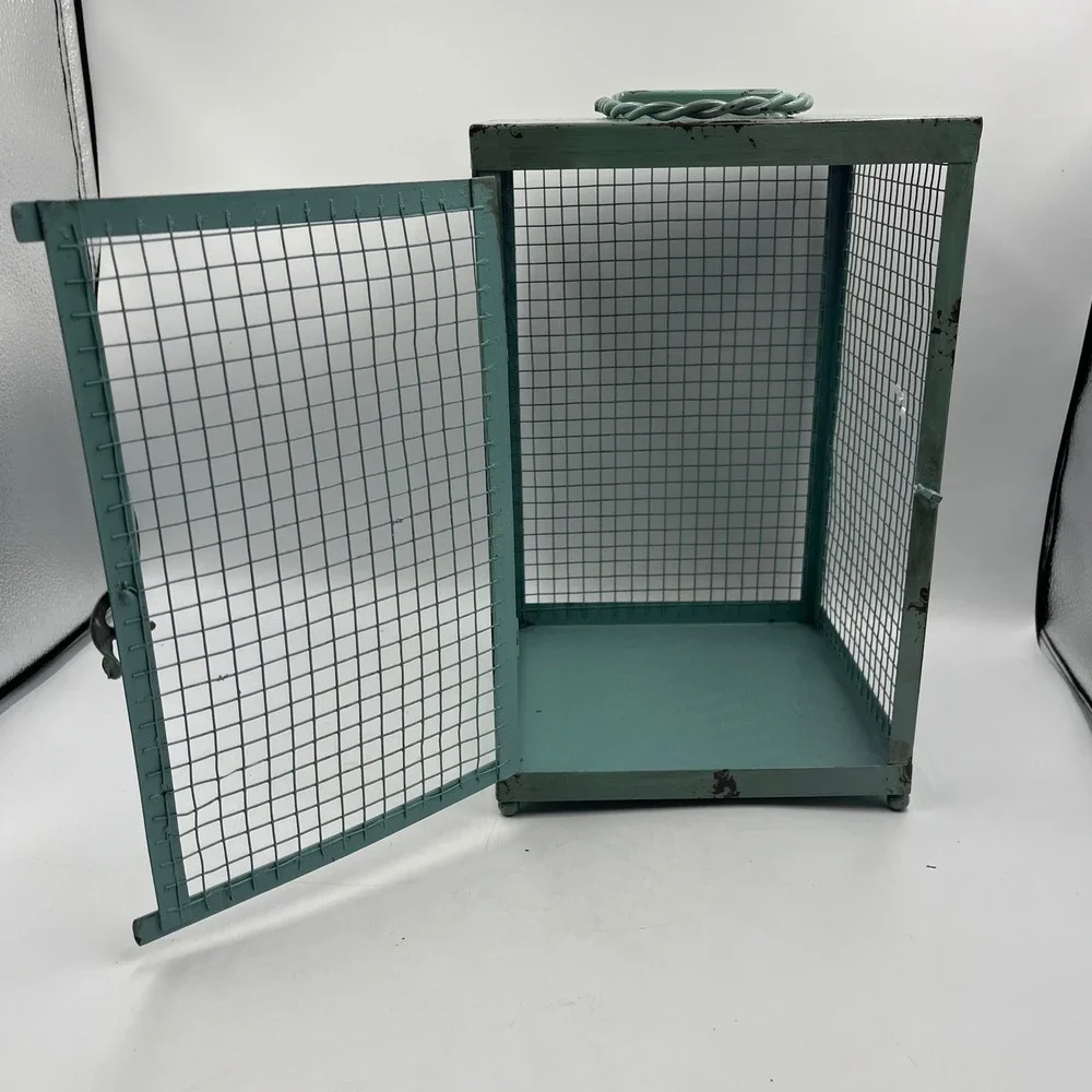 HomeGoods Decorative Lantern Teal Large Farmhouse Metal Mesh 12 x 7.5 x 7.5 Inch